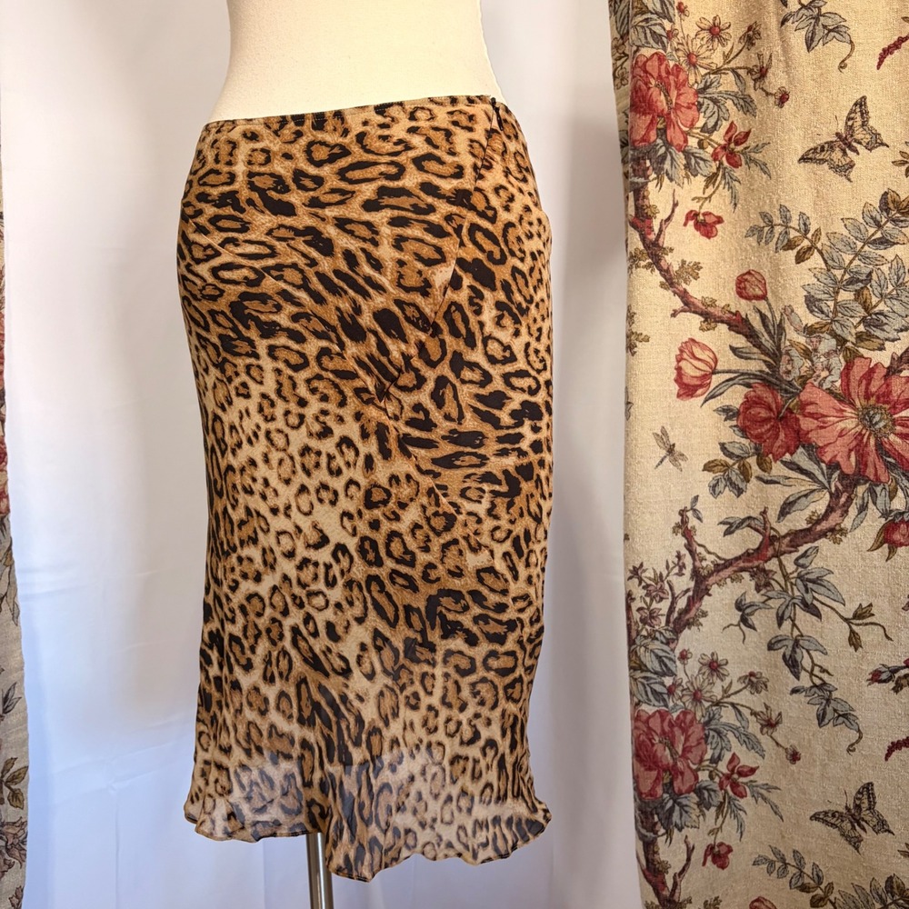Tribeca Design Studio Stunning Leopard Print 100% Silk Midi Skirt asymmetrical